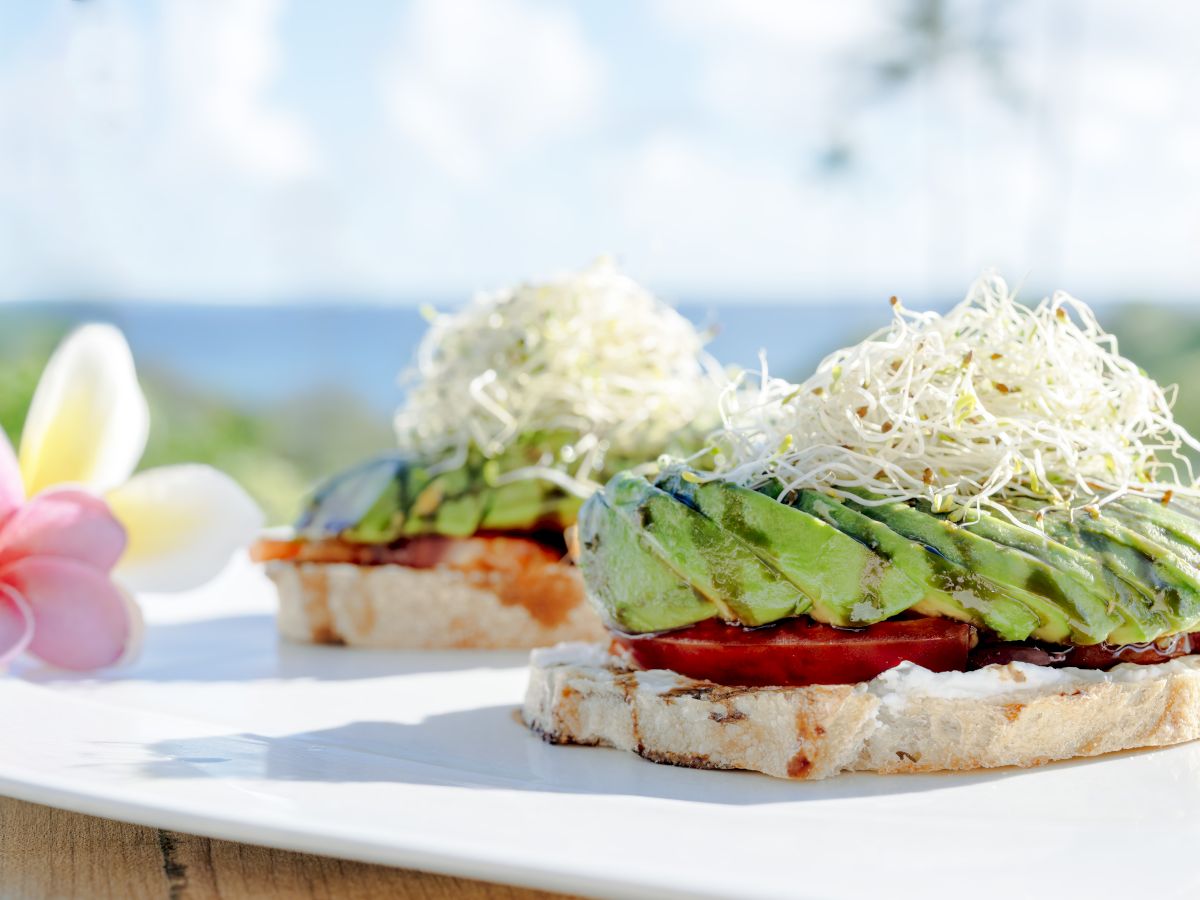 The image shows two slices of bread topped with avocado, tomato, and sprouts on a white plate, near a plumeria flower in a bright setting.