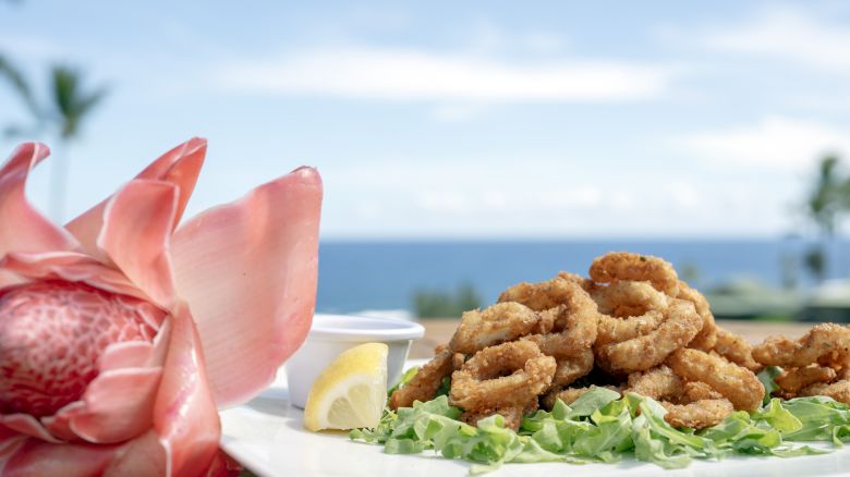 A plate of fried calamari with lemon and sauce, set on a table with a tropical flower, overlooking the ocean and blue sky.