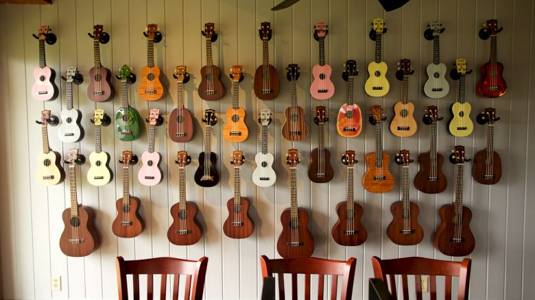 The image shows a wall with a neat, colorful display of numerous ukuleles, and a wooden dining table with chairs and place settings below them.