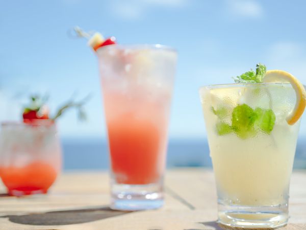The image shows three refreshing cocktails with garnishes, set against a bright blue sky and water backdrop.