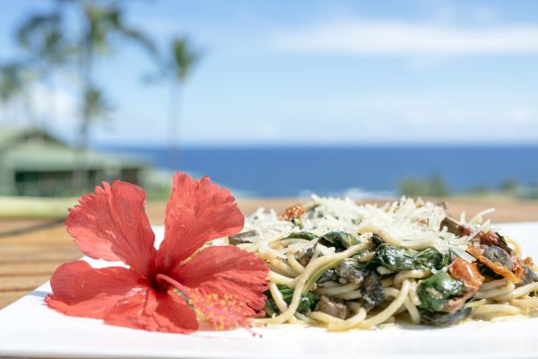 A plate of spaghetti with greens and grated cheese, garnished with a red hibiscus flower, set outdoors with a scenic ocean view.