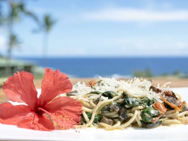A plate of spaghetti with greens and grated cheese, garnished with a red hibiscus flower, set outdoors with a scenic ocean view.