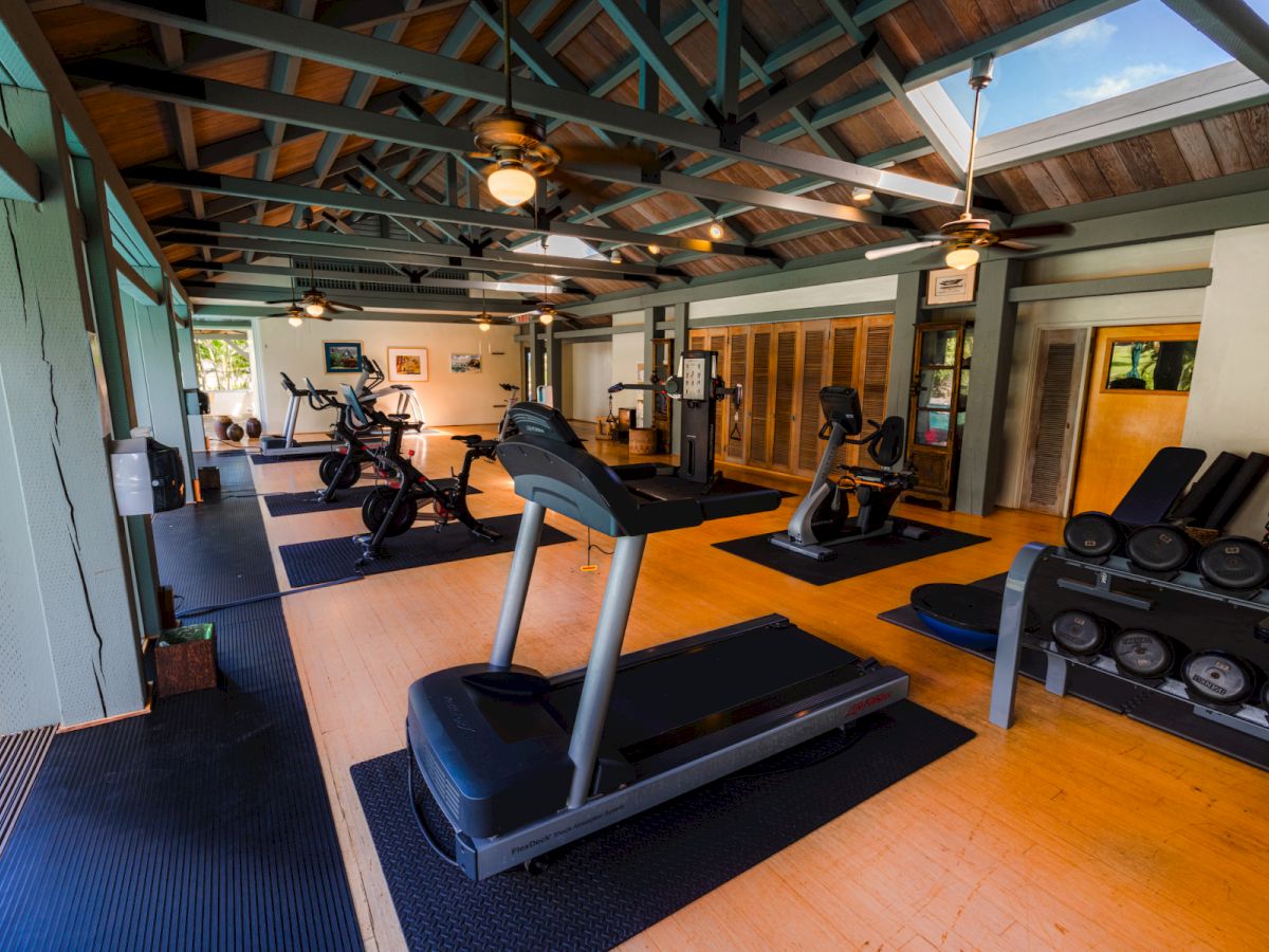 A spacious gym with treadmills, stationary bikes, weight racks, and large windows offering natural light and ceiling fans for ventilation.