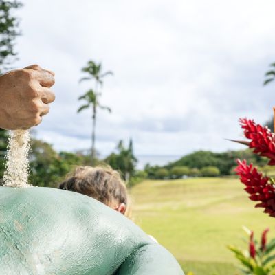 A hand pours sand over a green surface; red and yellow flowers are in the foreground, with palm trees and an open field in the background.