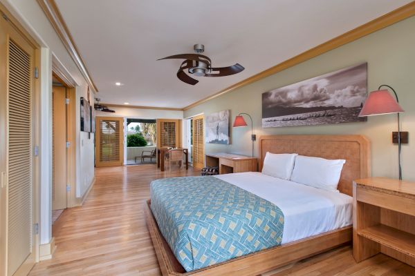 A modern bedroom with a large bed, artwork, and wooden furnishings; a view of a sitting area and a glass door leading outside.