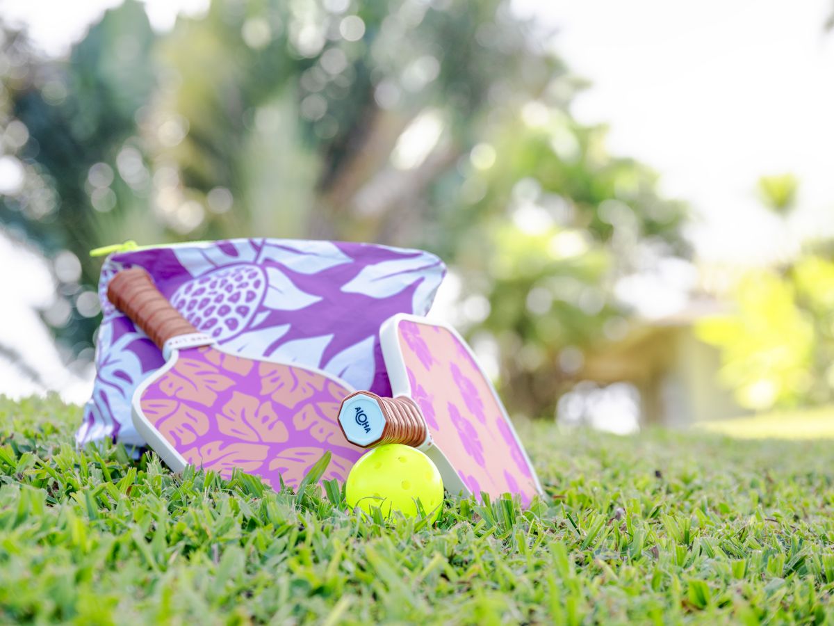 The image shows two colorful paddles, a yellow ball, and a patterned bag on green grass, suggesting a recreational outdoor scene.