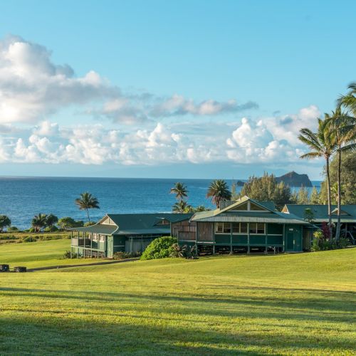 A scenic coastal view featuring green buildings, palm trees, a lush lawn, and the ocean under a partly cloudy sky is depicted in the image.