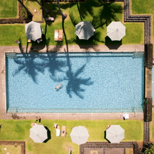 Aerial view of a swimming pool surrounded by green grass, palm tree shadows, umbrellas, and people lounging around the pool area.