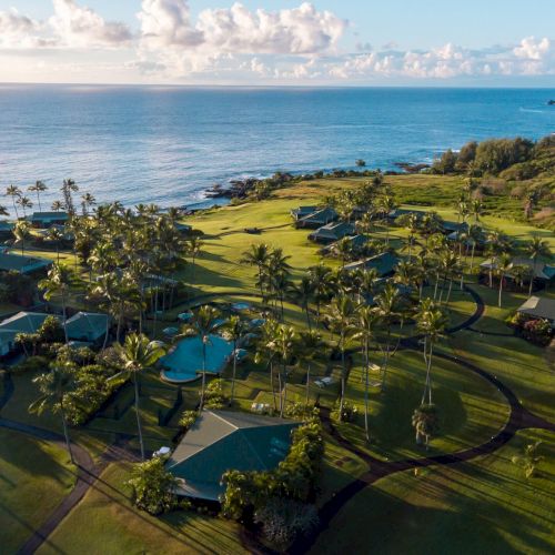 The image depicts a scenic coastal area with lush greenery, palm trees, and scattered buildings, overlooking the ocean under a partly cloudy sky.