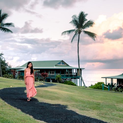 A woman in a pink dress walks on a path with grass, palm trees, houses, and an ocean sunset in the background.