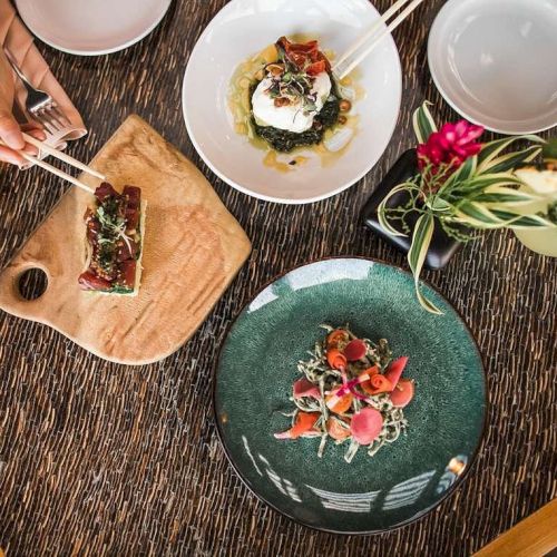 The image shows a tabletop with various stylishly plated dishes, a person using chopsticks, and a decorative plant, ready for a meal.