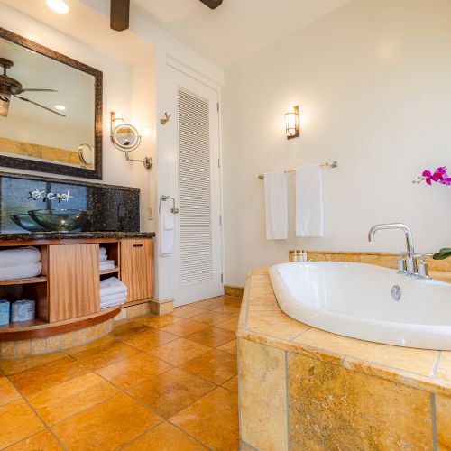 The image shows a bathroom with a bathtub, wooden cabinets, towels, a large mirror, and an orchid plant for decoration.