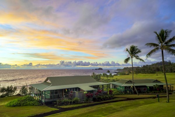 A scenic view with a house beside the ocean, palm trees, a grassy field, and a colorful sky at sunset or sunrise.