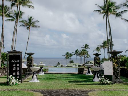 A scenic outdoor venue with palm trees, ocean view, and tables, possibly set for a wedding or event, under a cloudy sky.