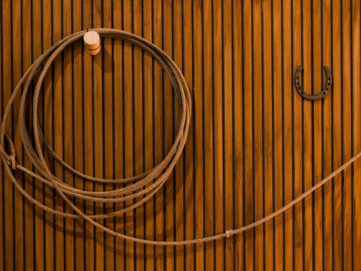 Close-up of a wooden slatted wall with a looped rope and U-shaped metal hooks for hanging, in warm tones.